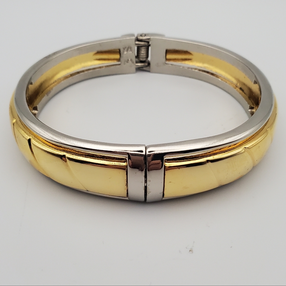Women's Gold Plated Sterling Silver Clamp Bangle Bracelet Bold Ribbed Design  7"